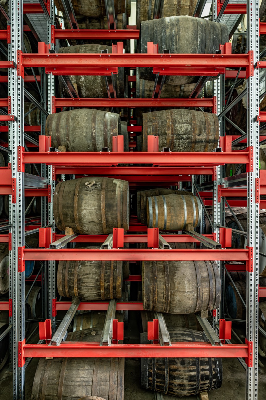 Whisky casks in very-narrow-aisle high-bay racking at the Glenrothes warehouse